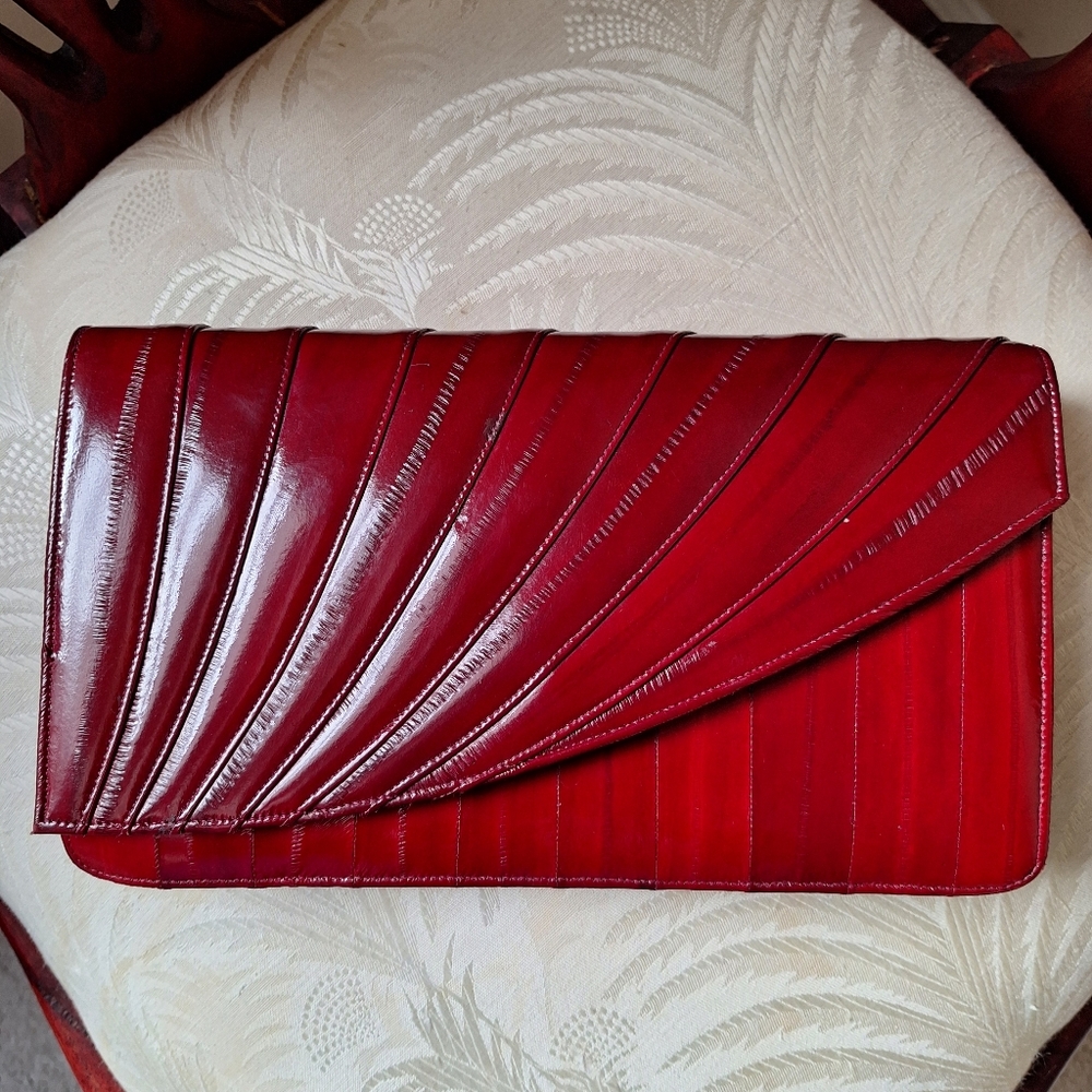 Vibtage Red/Burgundy Eel Leather Women's Bag Made In Korea - Picture 8 of 10